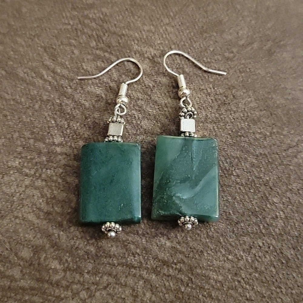 Handmade Emerald Jade Rectangle Dangle Hook Earrings - Picture 2 of 4